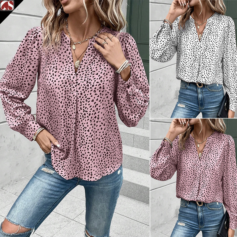 2025 spring/summer V-neck pullover leopard print printed long sleeved shirt, commuter women's shirt