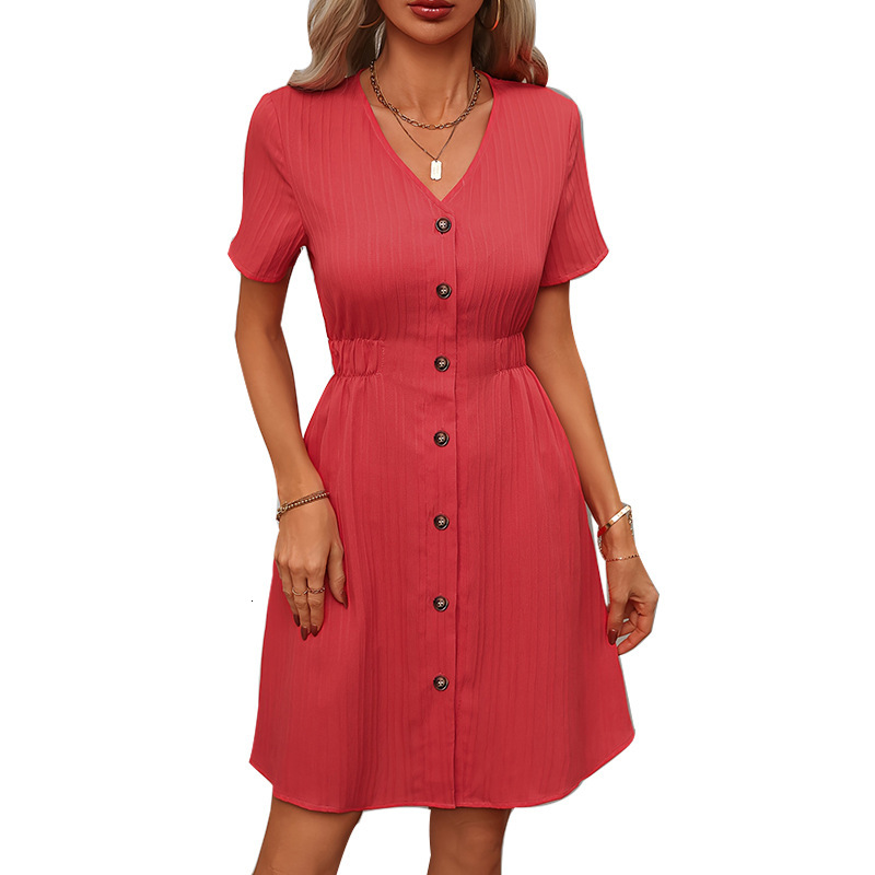 Womens clothing 2025 spring and summer temperament solid color V-neck short sleeved dress cardigan A-line skirt