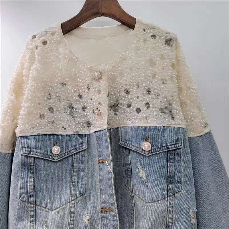 DEAT Women's Denim Coat Patchwork Lace Pearls Elegant Single Breasted Broken Holes Jackets 2025 Summer New Fashion 29A797