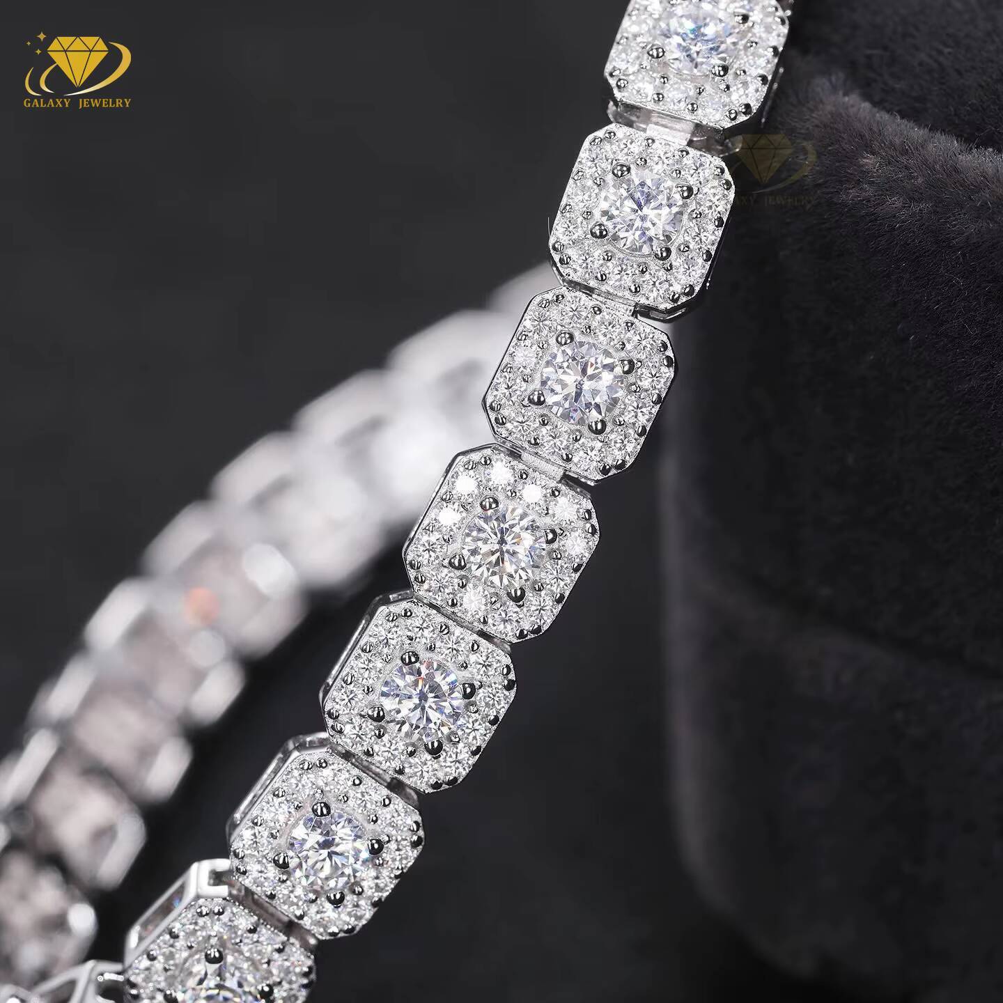 Fine 925 Pure Silver 12mm Iced Out VVS Moissanite Diamond Gold Plated Solitaire Cluster Tennis Chain Men Jewelry Hiphop Necklace