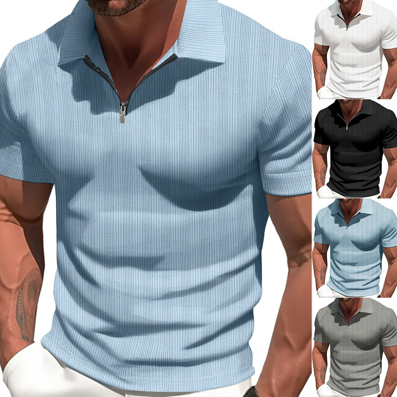 2025 new men's T-shirt summer slim fit zipper short sleeved polo shirt