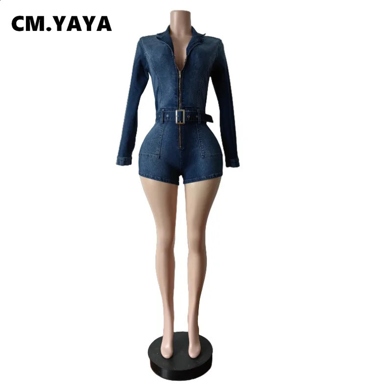 CMYAYA 2025 Womens Vneck Long sleeved Leather Strap Denim Short jumpsuit Summer Street Party Jeans 250411