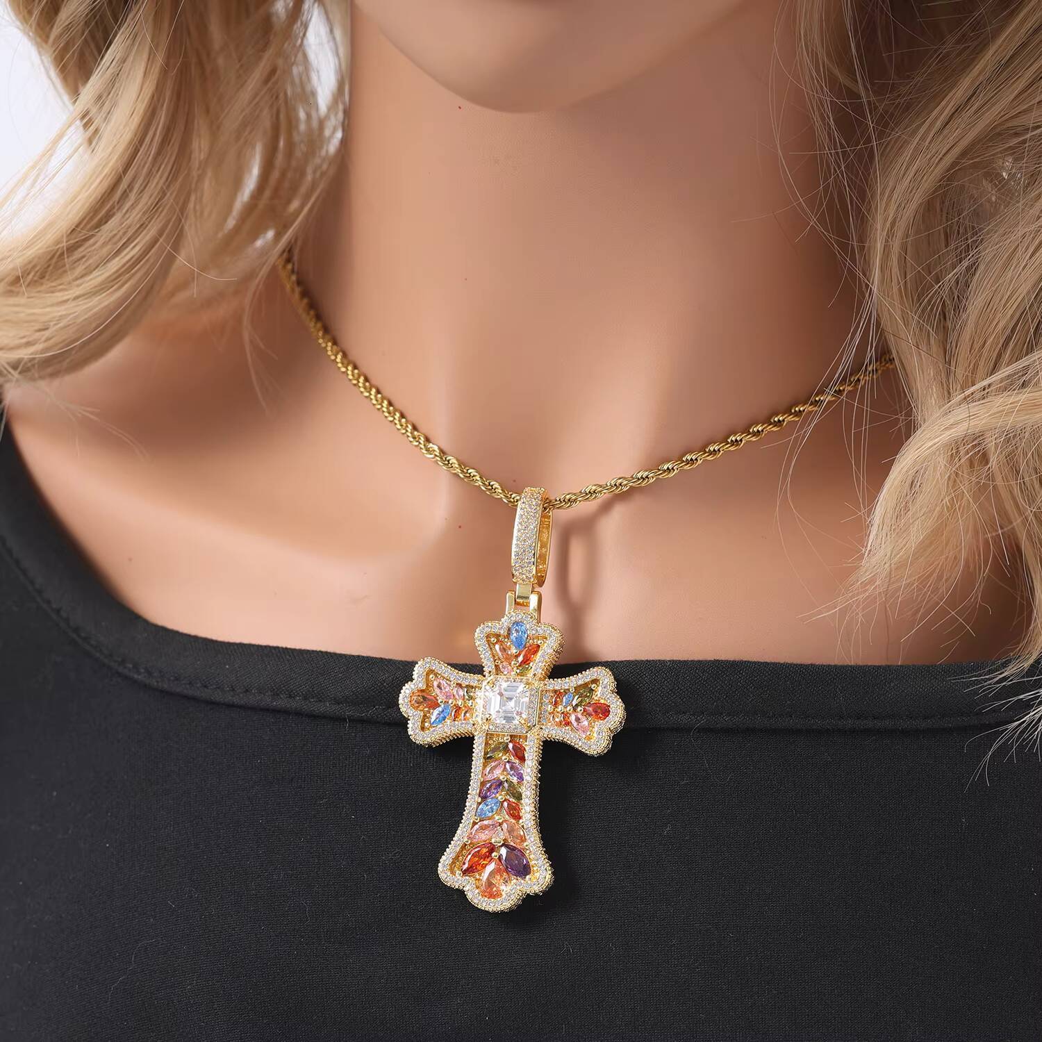 Hot Selling Colorful Cross Pendant with a Large Diamond Baguette CZ Waterproof Pendant Necklace for Gift