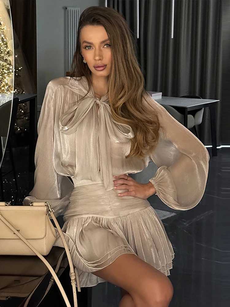 Flounce Mini Skirts Suits Womens Ele Loose Lace Bow length Sves Shirt 2-piece Set Fe 2025 Spring New Solid DressXJ250414