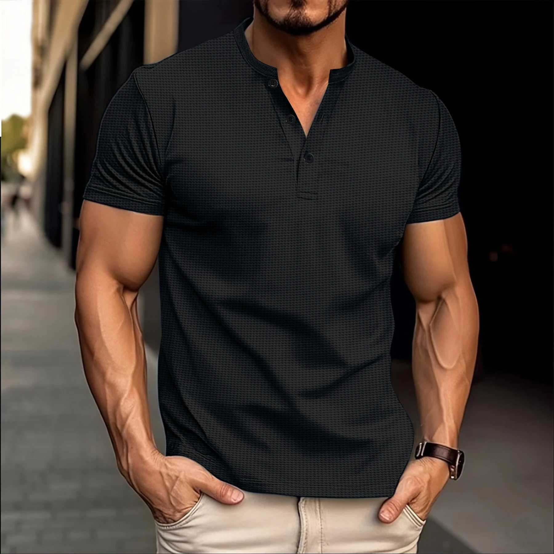 Summer best-selling mens Henry shirt Crewneck button solid color mens polo shirt short sleeved casual and comfortable mens clothing W250414