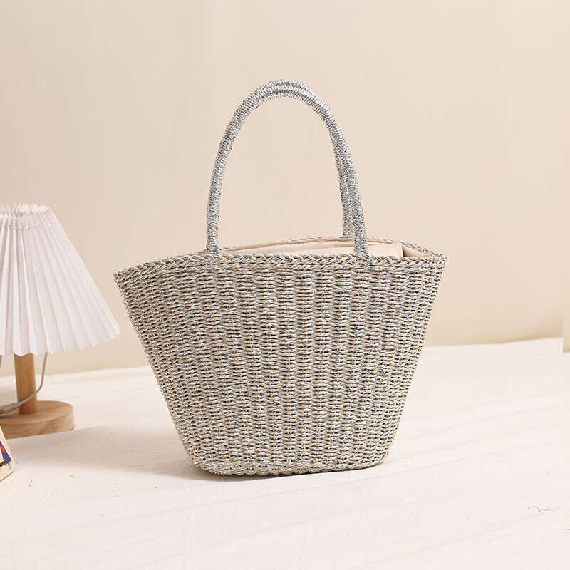 Handmade Beach Bag Korean Gold And Silver Grass New Fashionable Solid Color Woven Women's Vacation Beach Bag, Niche Handbag Kq2