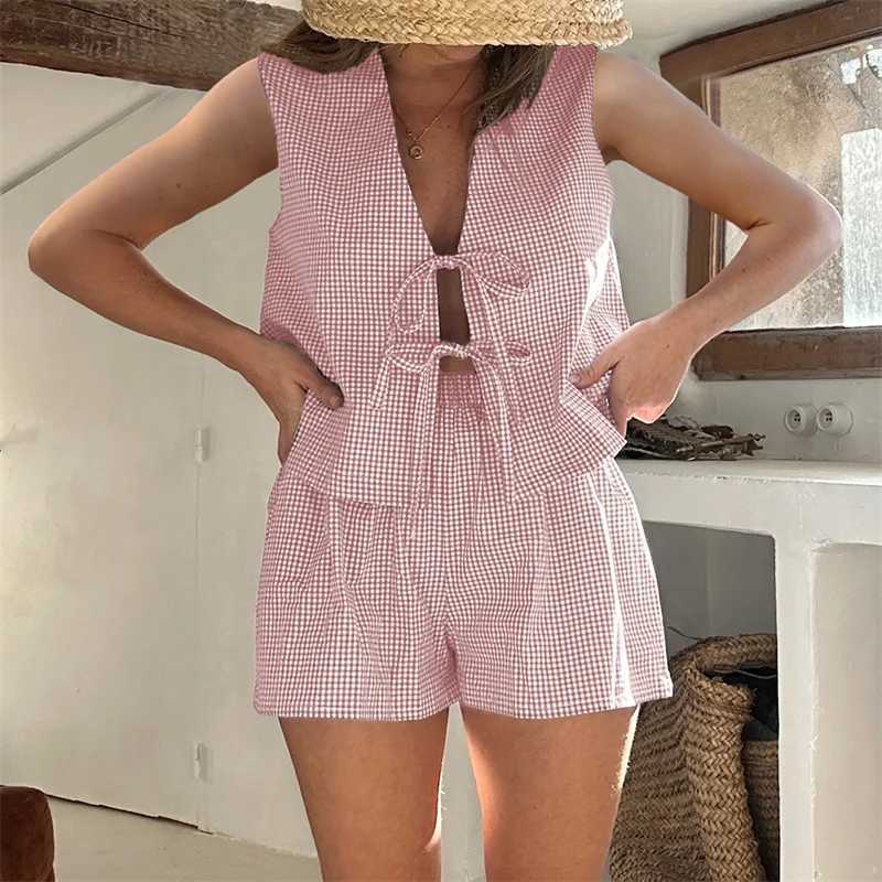 Womens 2-piece shorts set plain weave lace V-neck strapless vest elastic waistband shorts casual wearXJ250414