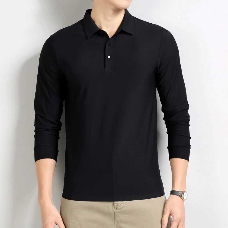 Smart Casual Autumn Winter New Men Collar Ice Silk Solid Button Simplicity Casual Elastic Long Sleeve Pulleys Polo Top W250414