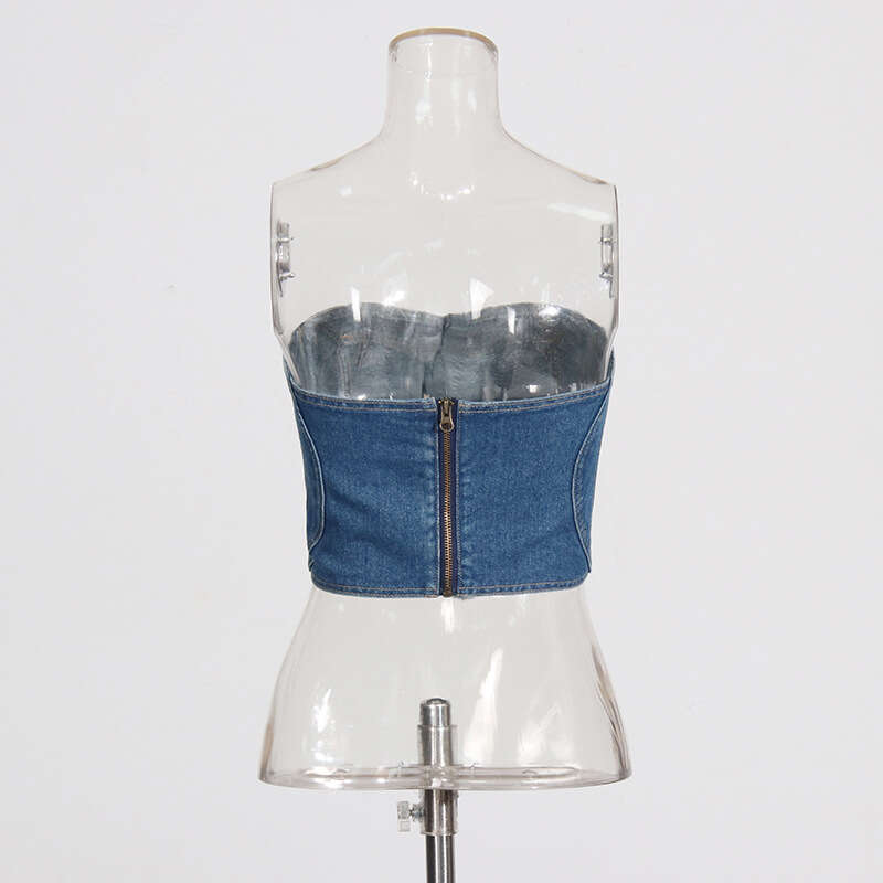 Designer Chic Women's Denim Strapless Vest - Spring 2025 Love Patchwork Detail & Slim Fit Cuteness