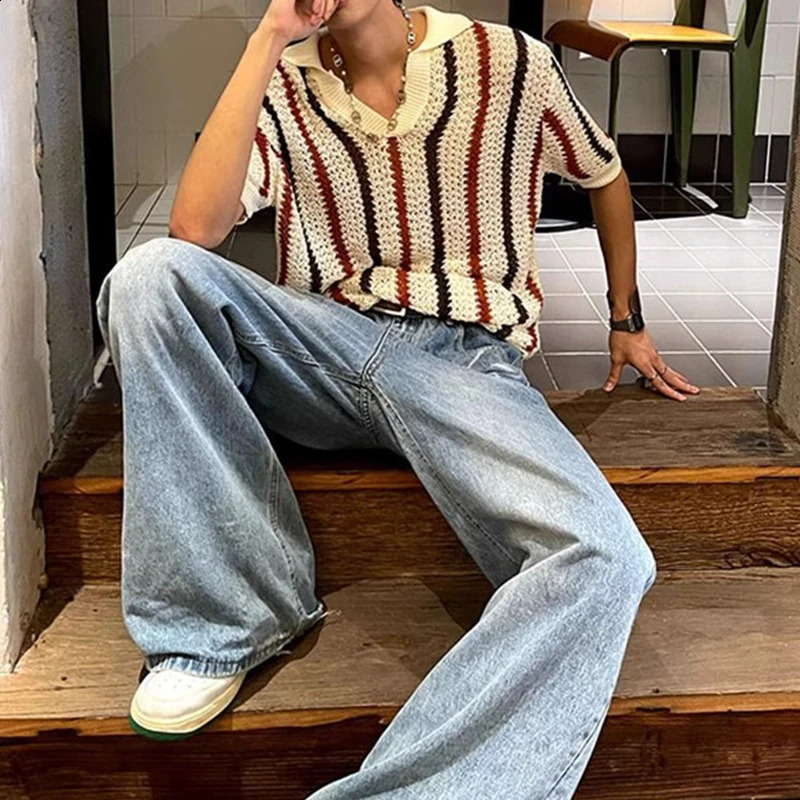 Streetwear Vintage Y2K Mens Tops Spring Summer Stylish Striped Hollow Out Polo Shirt For Men Casual Short Sleeve Lapel T Shirts 250411