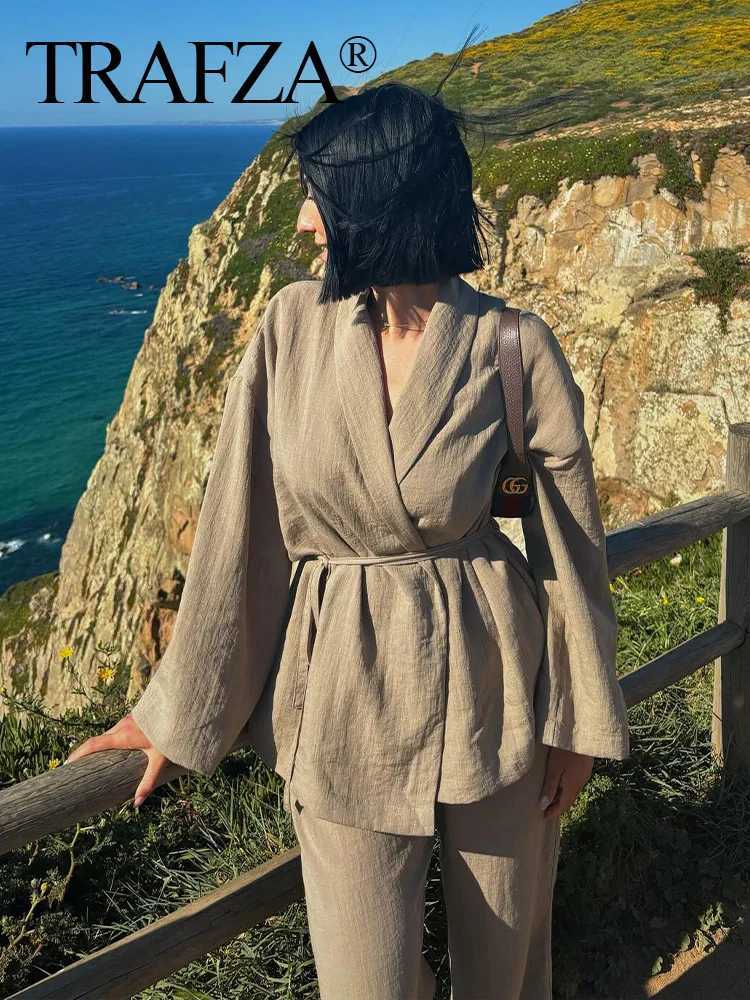 TRZA Fashion Womens Pants Set Solid When Drstring Long Sve Cardgian Shirt+Elastic Waist Wide Leg PantsXJ250414