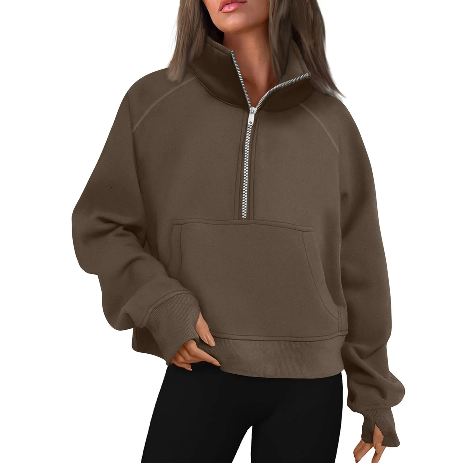 Womens standing collar with wool solid color hooded sweatshirt long sleeved pocket loose half zipper top 250414Z