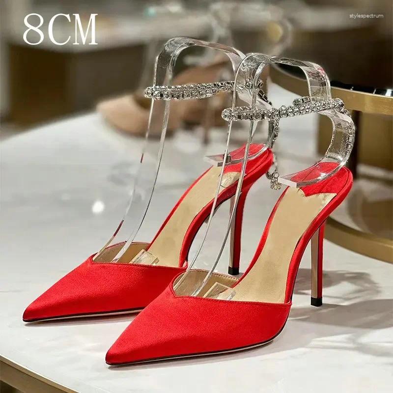 Dress Shoes 2025 Satin Pumps Crystal Pendant One Word Rhinestone Chain High Heels Pointed Thin Heel Sexy Sandals Wedding
