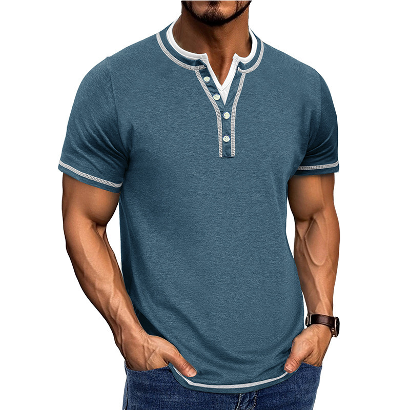 New mens short sleeved color blocked fake two-piece Henry shirt mens V-neck T-shirt