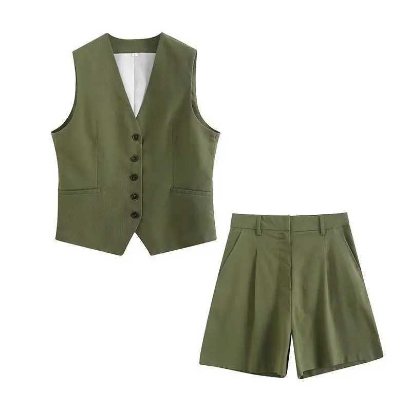 Retro linen office womens suit V-neck vest jacket Comter wide leg shorts fashion 2024 summer retro 2-piece workwearXJ250414