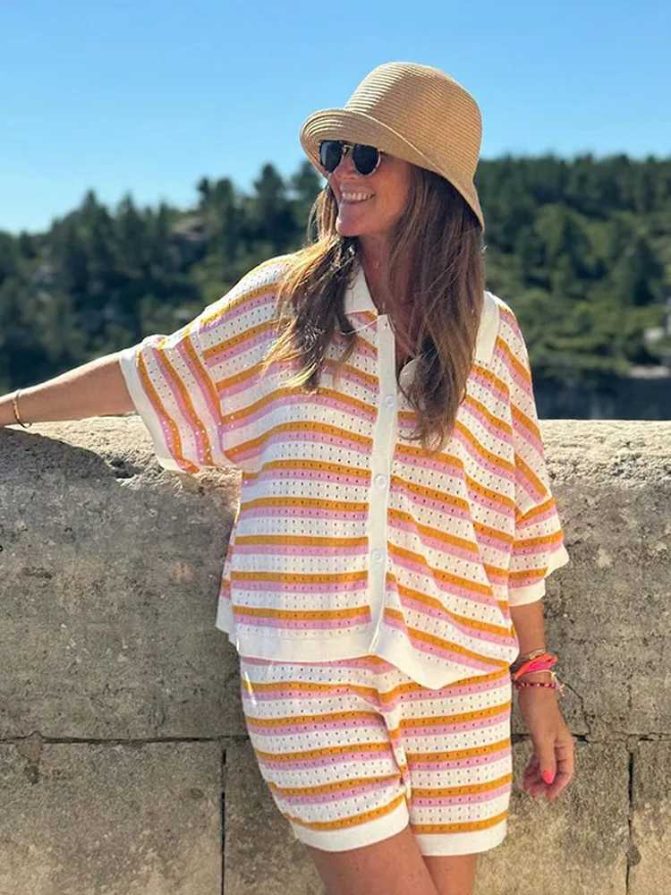 2025 New Fashion Stripe Knitted Hollow Shorts Set Fashion Womens Button Down Collar Loose Shirt Set Casual Womens Vacation SetXJ250414