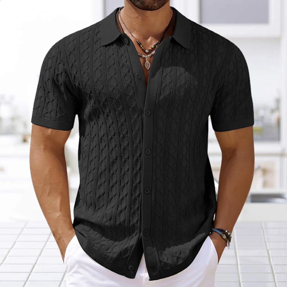 Mens Light Button-down Leisure Knitted Polo Shirt Retro Solid Color Short Sleeve Chic Fashion Jacquard Knitwear 250411