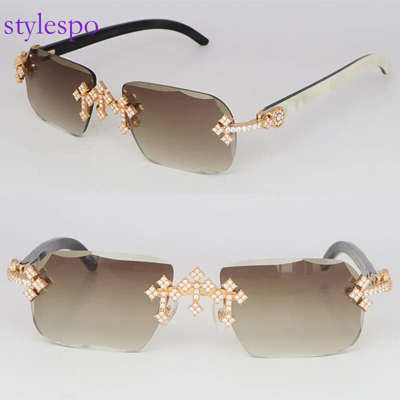 Cross Accessories Moissanite Set Rimless Womans Big Stones Dia Sun glasses Original White Buffalo Horn Men Women Sunglasses Size 58