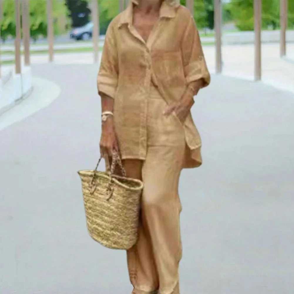 Summer Cotton Linen Leisure Home 2-piece Set for Women 2025 Fashion White Long Sve Shirt and Shorts 2-piece Set TracksuitXJ250414