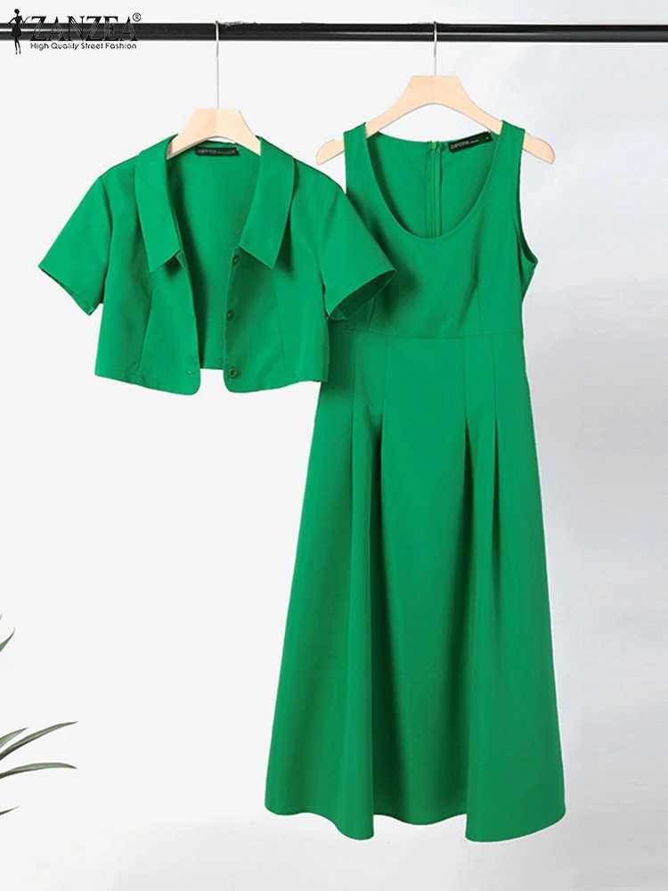 ZANZEA Womens Two Piece Set 2024 Summer Match Set Office Shorts Sve Coat and Tank Top Dress Casual Solid Dress SetXJ250414