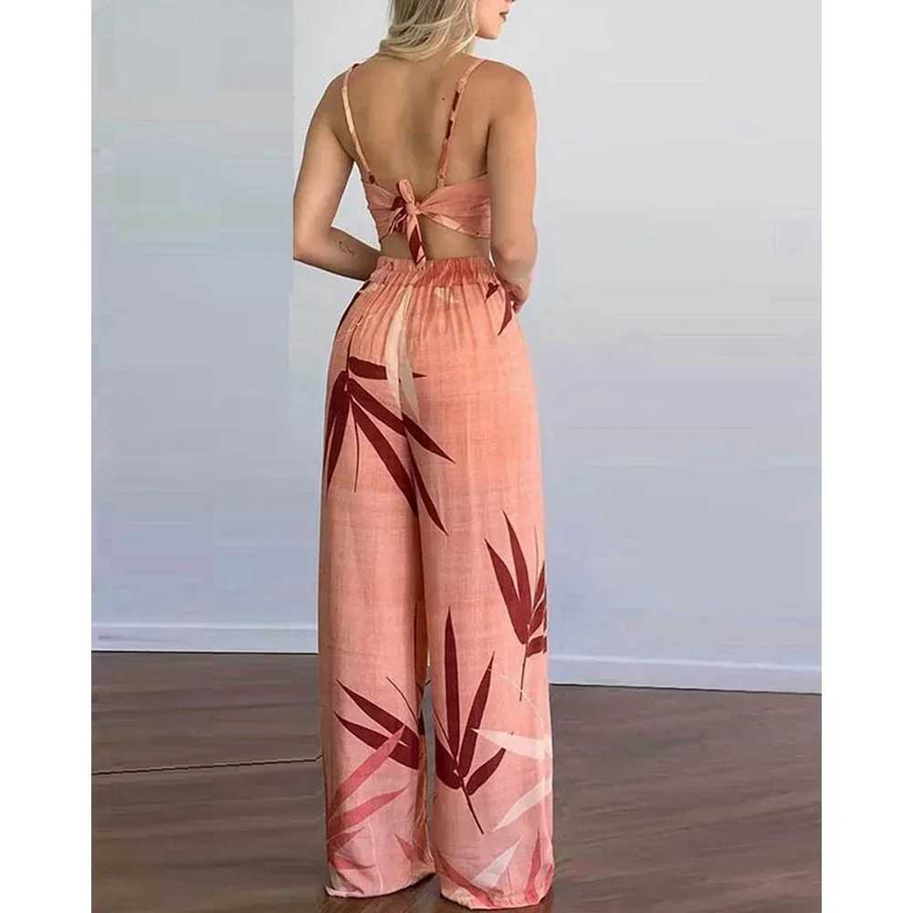 Summer womens tropical printed spaghetti strap casual lace strap top and high waisted pants set 2-piece set 2023 womens clothingXJ250414