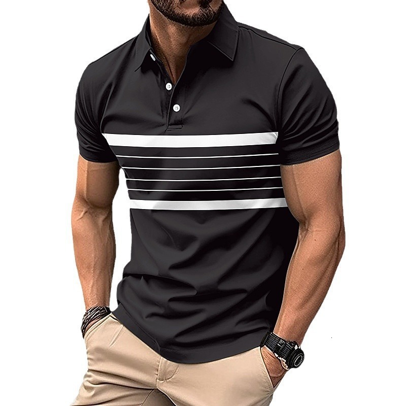 New digital printed striped polo shirt for summer V-neck button mesh fabric versatile men's t-shirt