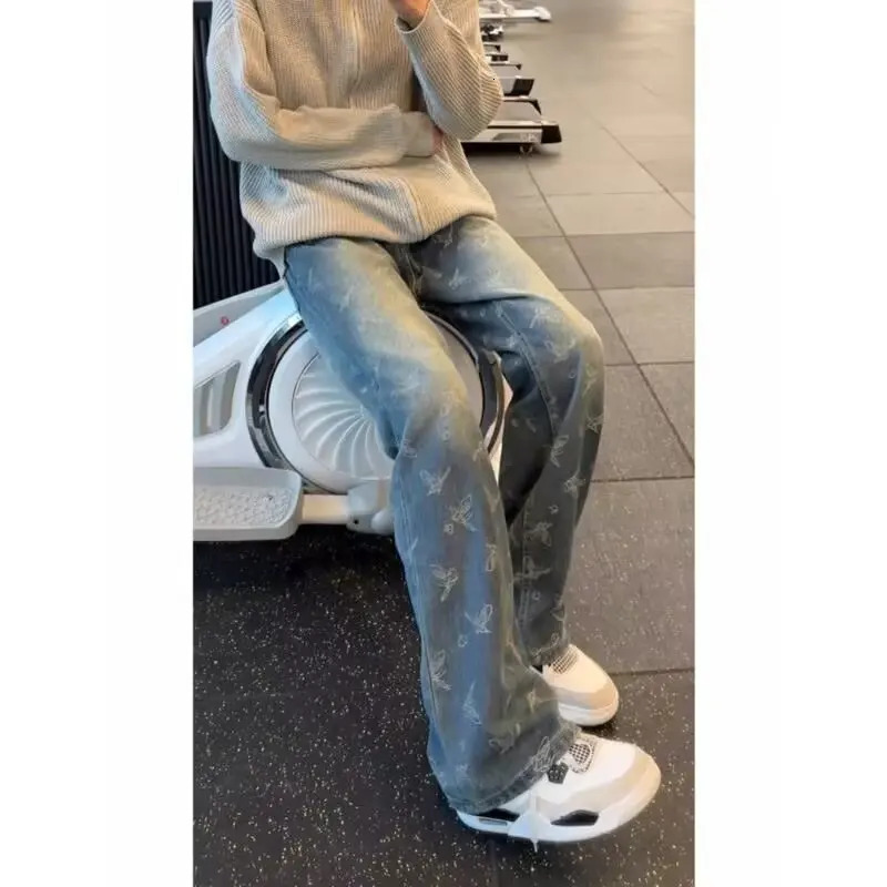 jacquard fully printed street fashion ned denim pants with a tactile feel suitable for mens loose straight and wide leg casual 250414