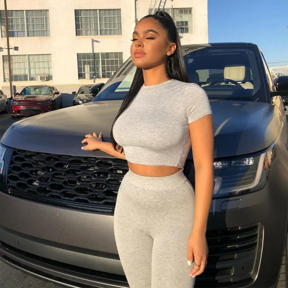 Solid Women Two Piece Set Short Sleeve Gym Top Crops Leggings Skinny Sporty Tracksuit 2023 Spring Summer Outfit Matching 250414