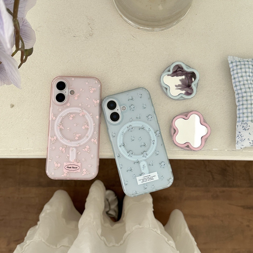 Spring Blue Crushed Flower Phone Case Compatible with iPhone 16/15 Pro Niche Mirror Stand iPhone 14/13 Cartoon