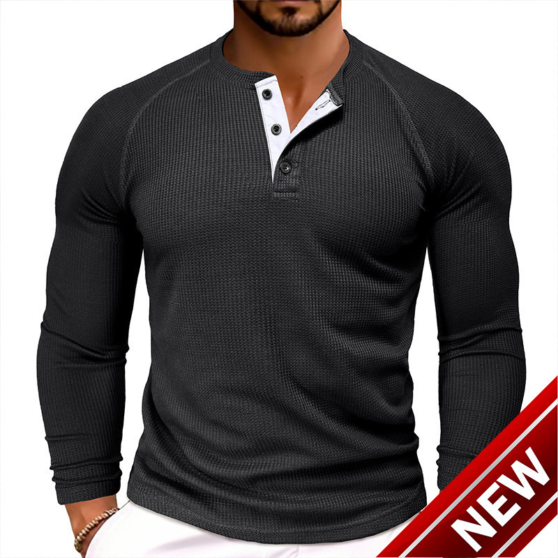 Mens Waffle Henley collar pullover long sleeved T-shirt solid color texture base shirt
