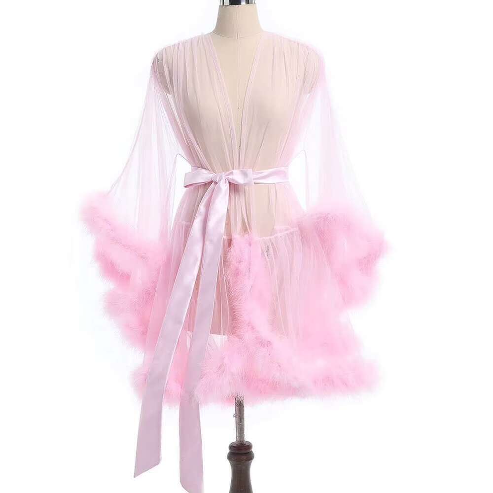 King Mcgreen Female Erotic Midi Robes Long-Sleeved Sheer Shapewear With Plush Splice And Lace Summer Long Sexy Gerie