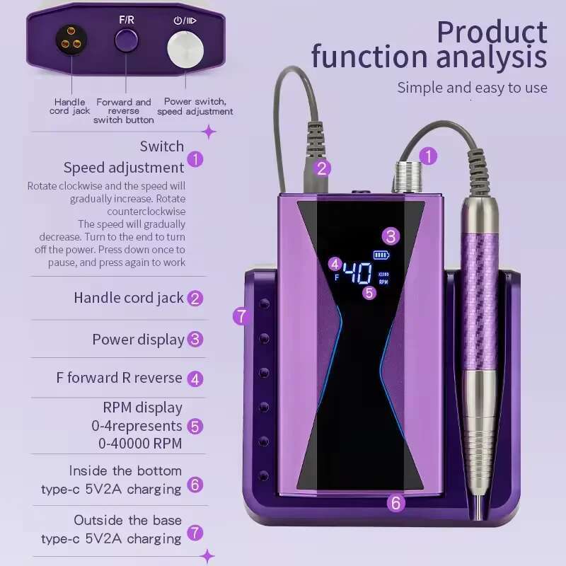 Brushless Lasting 40000Rpm Hine 85W Handle Manicure Portable Tool Nail Drill