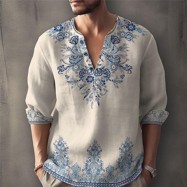 2025 Men's New Mid Sleeve Autumn Loose Ethnic Style Printed Casual T-shirt with Large V-neck