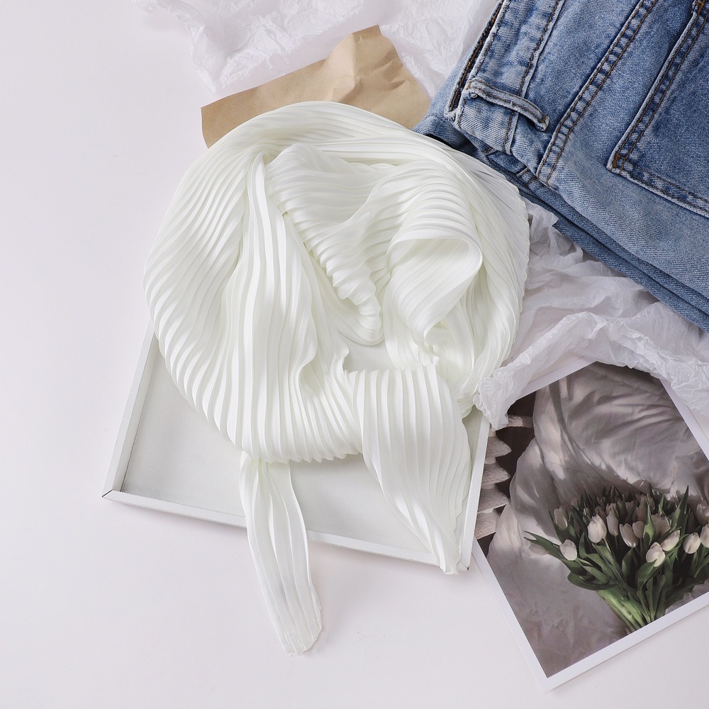 K390 Solid color 70cm pleated small silk scarf for women Japanese and Korean small fresh headscarf neck scarf small shawl fashion