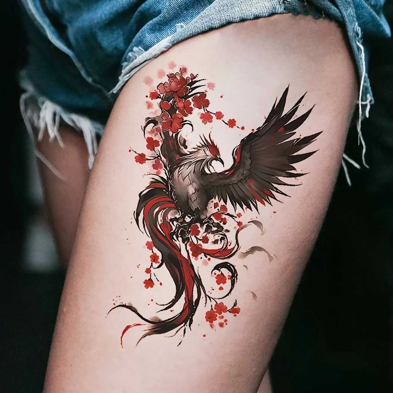 Waterproof Temporary Tattoo Stickers Phoenix Flash Tattoo Female Colorful Phoenix Body Art Fake Tattoo Flower Arm TattooXJ25414