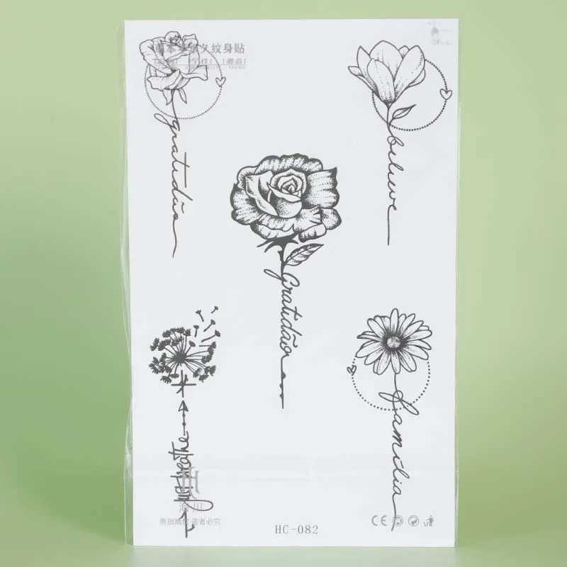 Rose and text waterproof temporary tattoo sticker with dried flowers lasting 1-2 weeks semi permanent fake tattooXJ25414