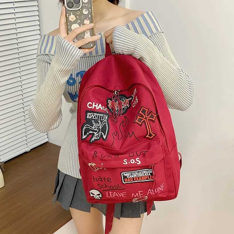 Gothic Rock Backpack For Men And Women Large Capacity Canvas Casual Backpack With Metal Patchwork Accents for Daily UseW251113