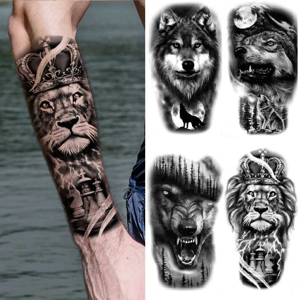 4 Upper Arm Sleeves Crown Tattoo Lion Tiger Wolf Head Waterproof Temporary Tattoo Stickers Body Art Female Fake TattooXJ25414