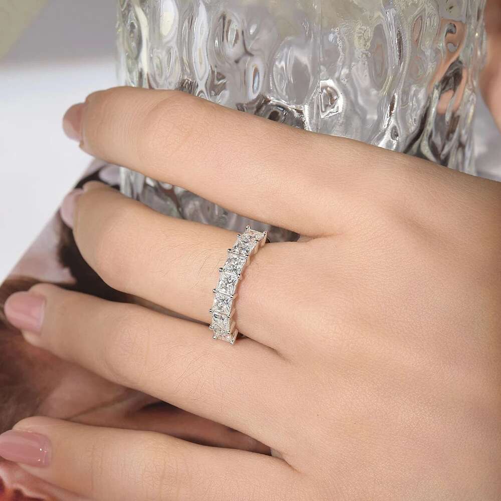 3.5mm Princess Cut Moissanite Diamond Ring for Women Square Shape Half Eternity Band 925 Sterling Silver Bridal Wedding Ring