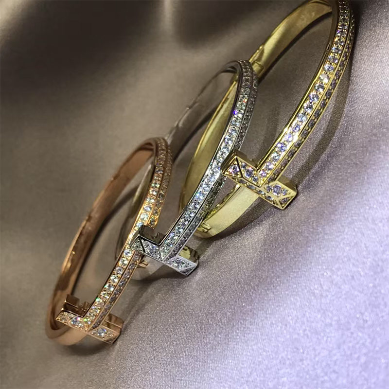Luxury brand crystal t bracelet classic semi diamond cuff bracelet couple charm stainless steel designer bracelet 18k gold bracelet for men