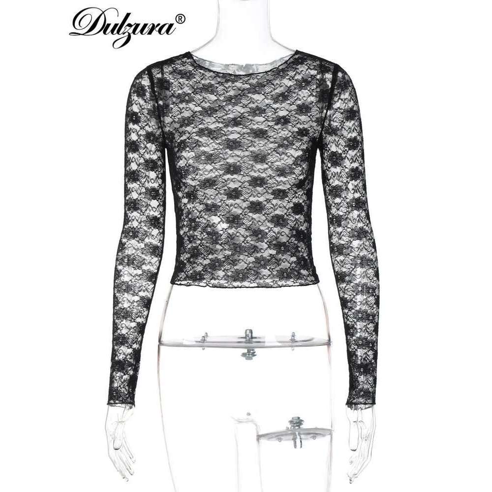 Dulzura Long Sleeves See Through Lace Crop Top Solid Sexy Bodycon T-Shirt For Women Party Club Spring Summer Clothes