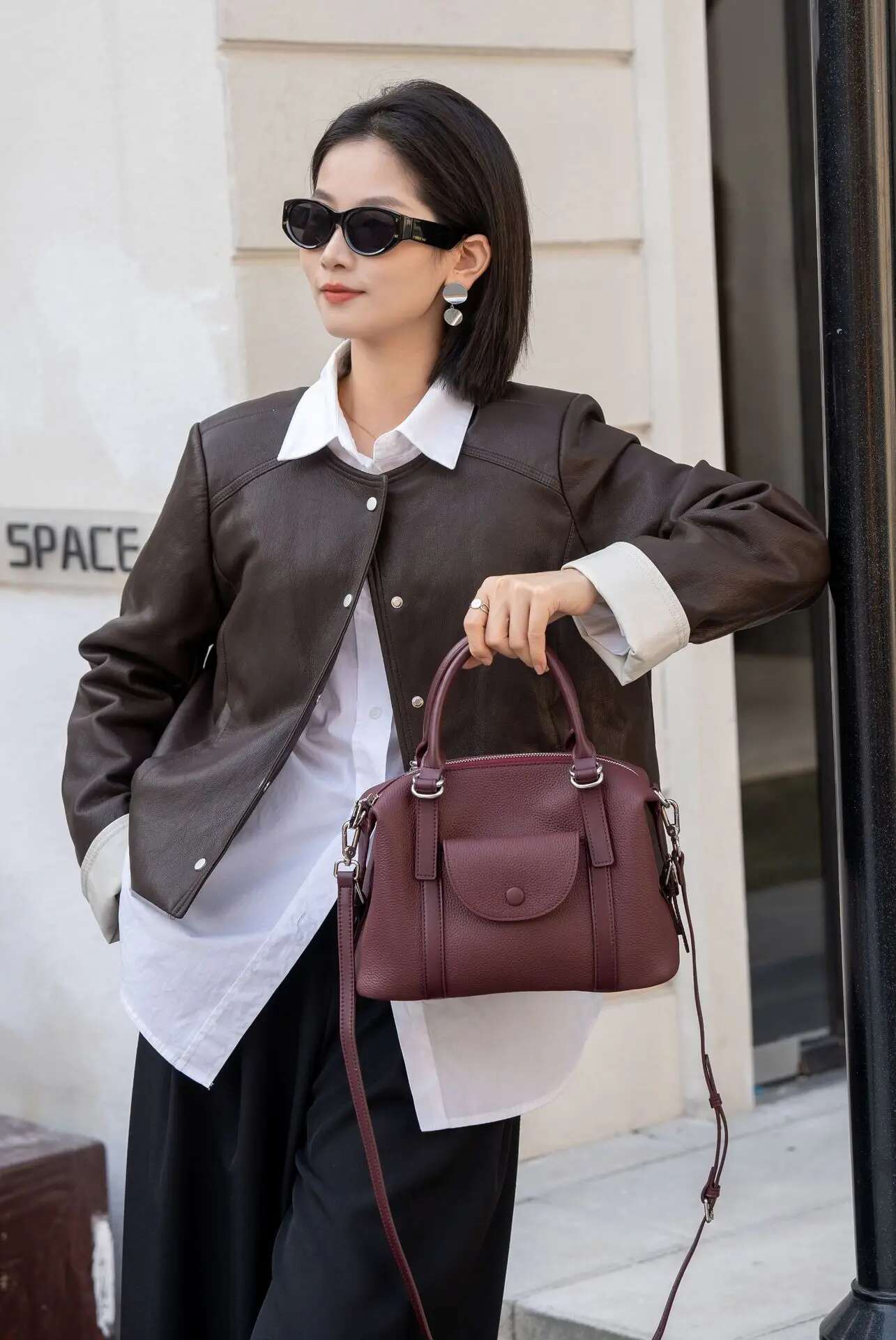 Designer bag handbag women's new single shoulder crossbody fake pocket wine red coffee color real cowhide daily casual