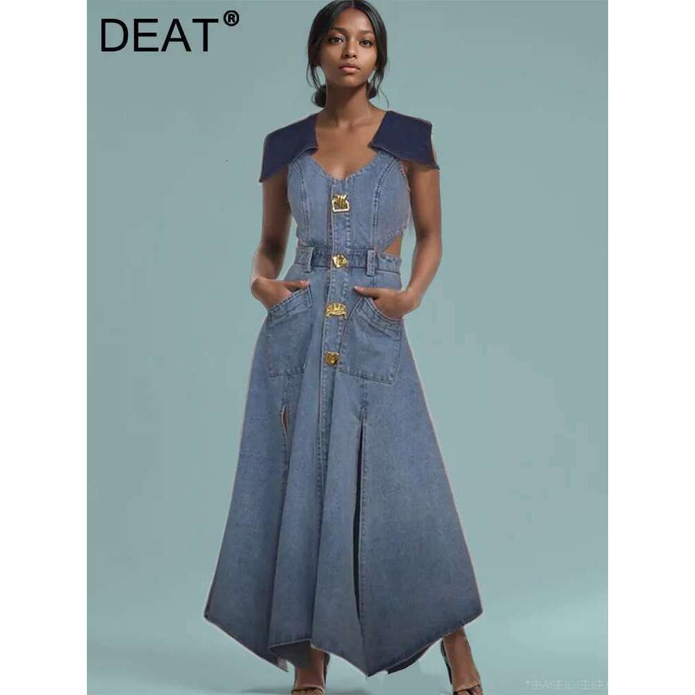DEAT New Fashion Women's Patchwork Lapel Sleeveless Denim Dress 2024 Summer Trendy Single Breasted Split Dresses Female 33A1637