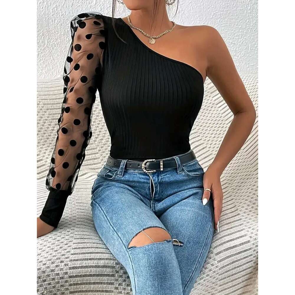 Spring and Autumn hot fashion polka dot mesh ing long sleeve solid color single shoulder shirt T-shirt women