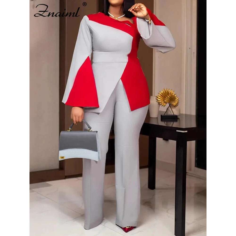 Znaiml Women's Fashion Patchwork Long Flare Sleeve Tops And Wide Leg Pants Blue Two 2 Piece Set Casual OL Work African Outfit