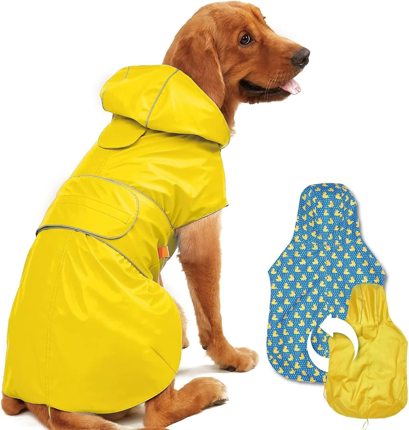 Dog Raincoat Reversible, Single Side Slicker Poncho Adjustable Waterproof Dog Rain Jacket with Leash Hole/Reflective Stripe Hooded Snowproof Windproof
