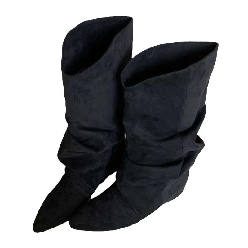 Folded Velvet Western Cowboy Boots Womens Autumn Winter Pointed Toe Retro Rubber Surface Mid-Calf Boot with Collar 251110
