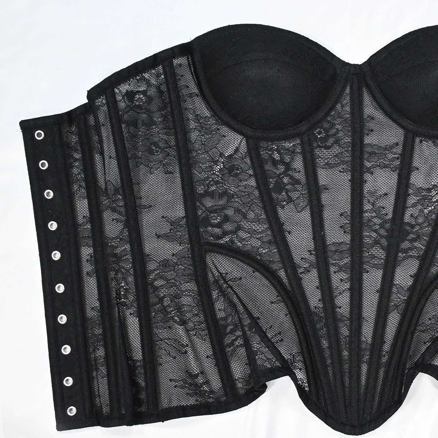 Women Fancy Corset Busiter Overbust Cups Push Breast Floral Lace Bo Sext Tansparent Strapless Crop Tops Lace Up Steel Boned W251114