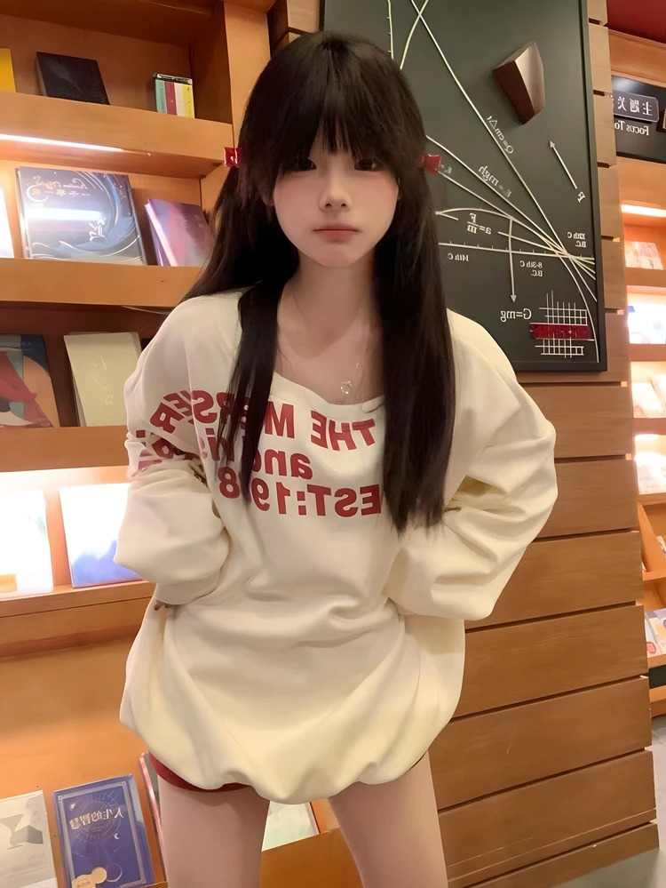 Autumn and Winter Womens High Temperature 100 Letter Round Neck Hoodie Loose Two Piece Shoulder Clothing 250414Z