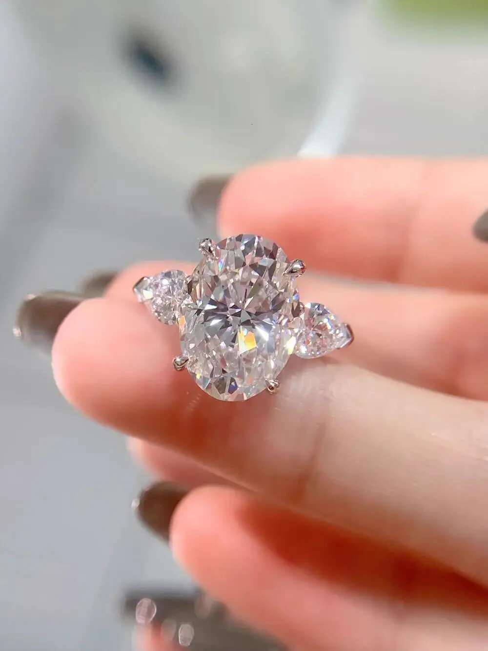 Real Solid 18K White Gold Ring Women Engagement Anniversary Wedding Ring Oval Moissanite Diamond Ring Pear Water Drop